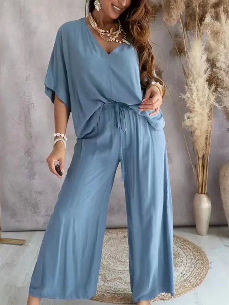 2023 Long Pant Sets Summer two piece set For Women V neck Bat Sleeve Casual Loose Wide - leg Pants 2 piece set solid color Outfits - All women needs