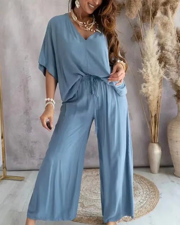 2023 Long Pant Sets Summer two piece set For Women V neck Bat Sleeve Casual Loose Wide - leg Pants 2 piece set solid color Outfits - All women needs