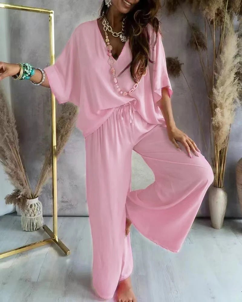 2023 Long Pant Sets Summer two piece set For Women V neck Bat Sleeve Casual Loose Wide - leg Pants 2 piece set solid color Outfits - All women needs