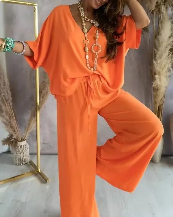 2023 Long Pant Sets Summer two piece set For Women V neck Bat Sleeve Casual Loose Wide - leg Pants 2 piece set solid color Outfits - All women needs