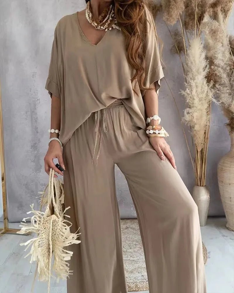 2023 Long Pant Sets Summer two piece set For Women V neck Bat Sleeve Casual Loose Wide - leg Pants 2 piece set solid color Outfits - All women needs